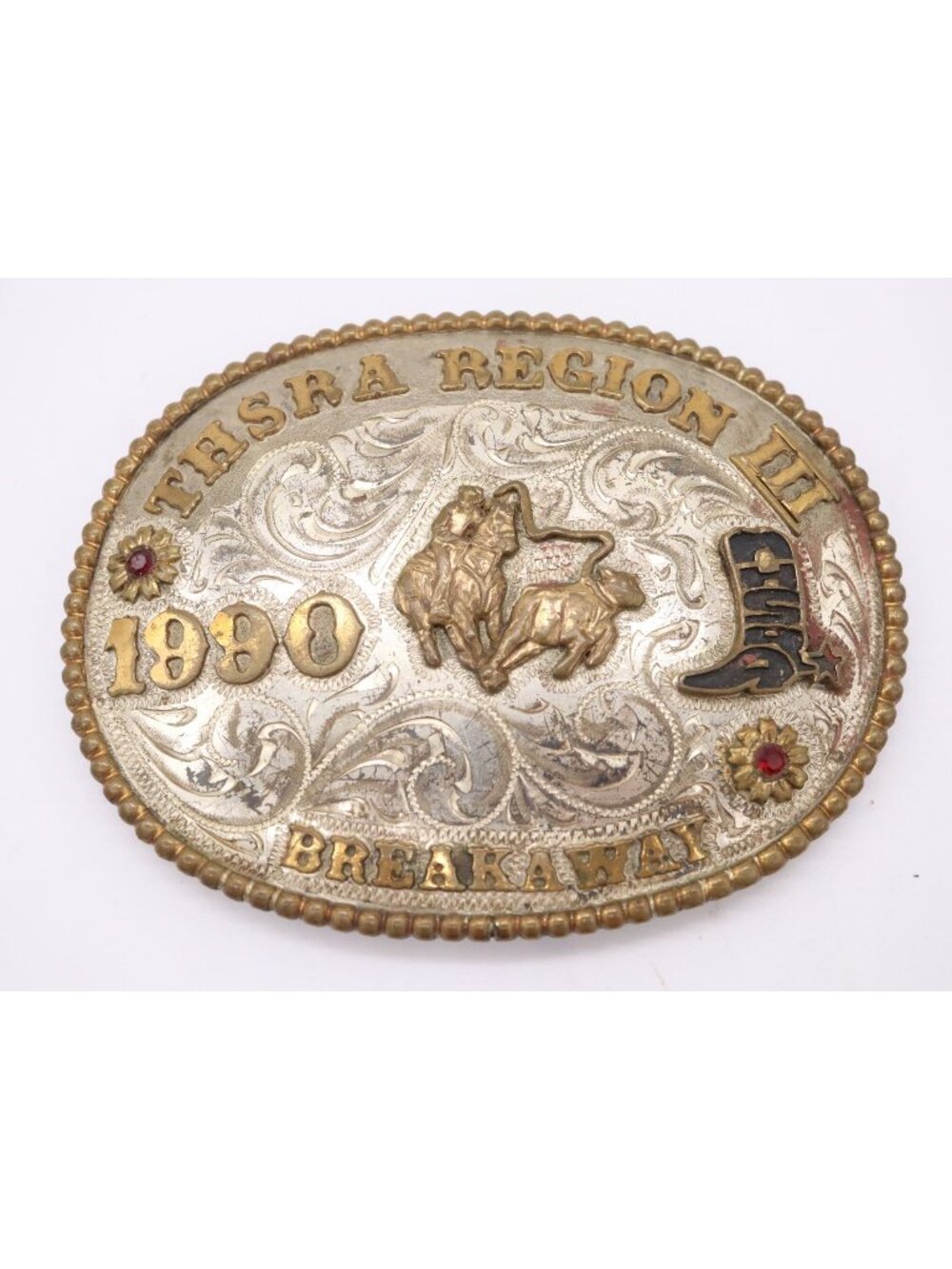 Vintage 1990 Frontier THSRA Region III Breakaway Sterling Overlay Rodeo Buckle